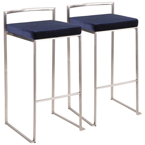 Fuji Stacker Bar Stool (Blue Velvet + Stainless Steel) - Set of 2